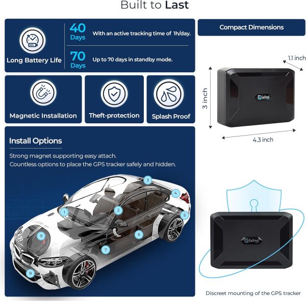 SALIND GPS Magnetic, up to 70 Days Battery - GPS Tracker for Every Vehicle, 4G LTE Car GPS Tracker with Strong Built-in Magnet for Easy Fixation on All Surfaces, Robust & Splash Proof Tracking Device - Image 4